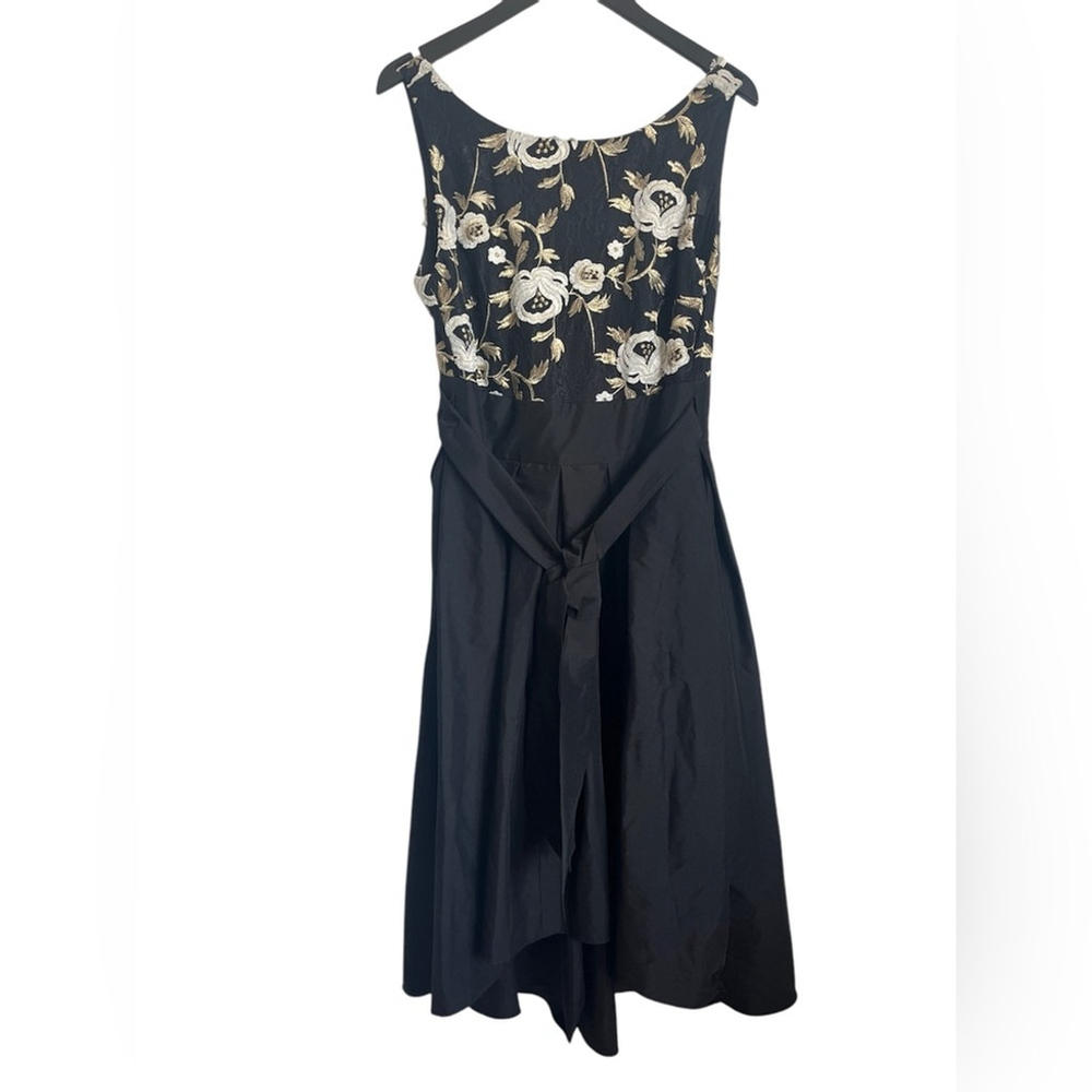 Frank Lyman Design Black Midi Dress with Cream & Gold Floral Bodice